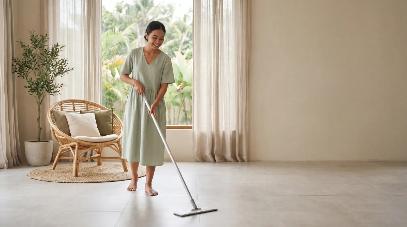 Membersihkan lantai rumah dengan tenang
